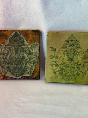 Lot of 2 vintage Metal Engraved Printing Blocks, Southeast Asian-Style Deity Art